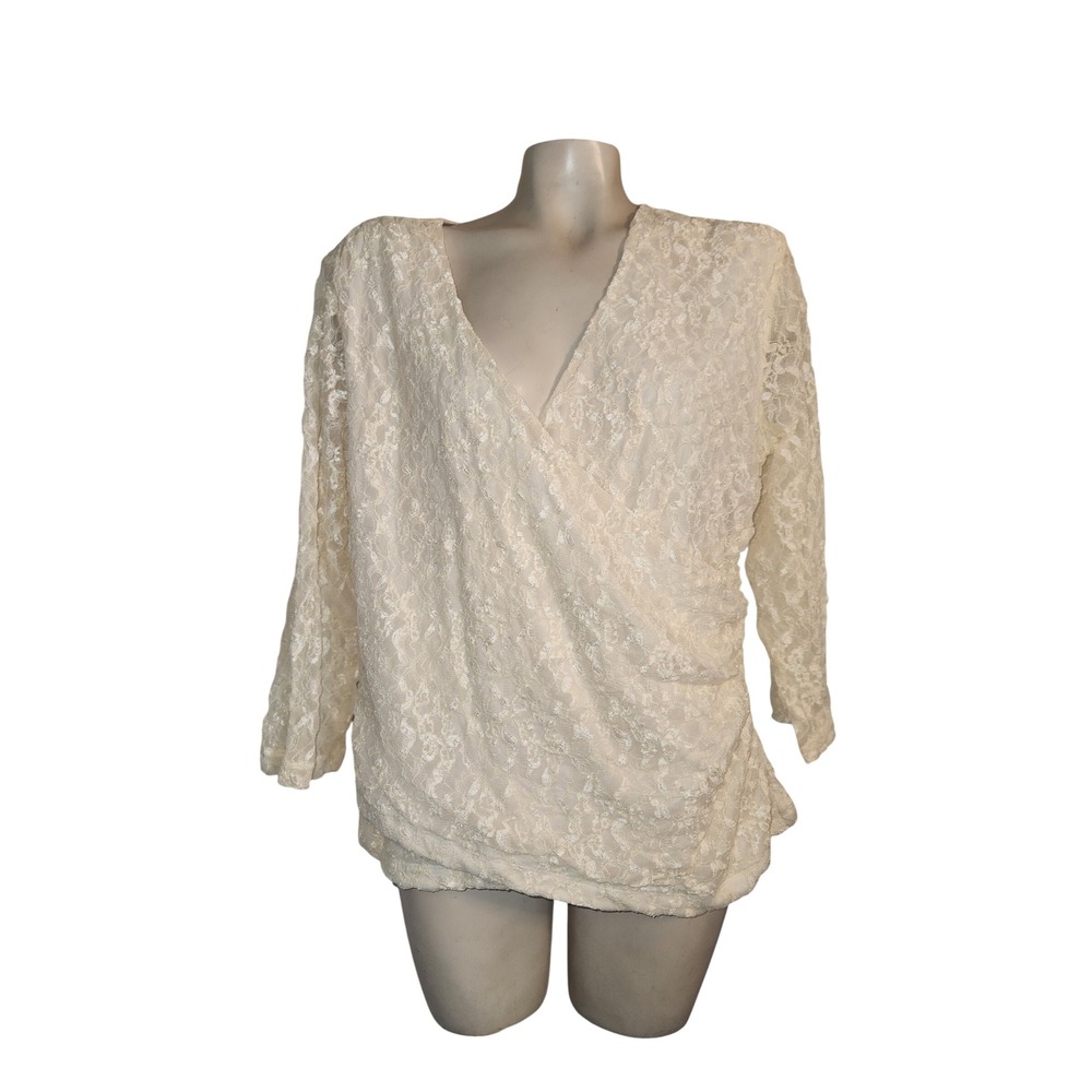 Coldwater Creek Cream Lace Wrap Blouse Ruched 3/4 Sleeve L Ivory Surplice Top